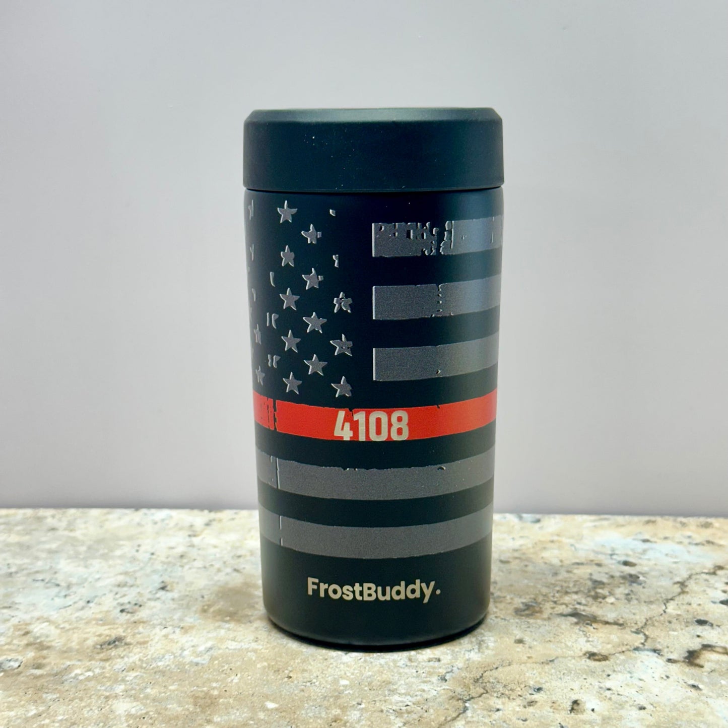 Custom FrostBuddy Universal Can Cooler for firefighter with engraved badge number — personalized thin red line design.