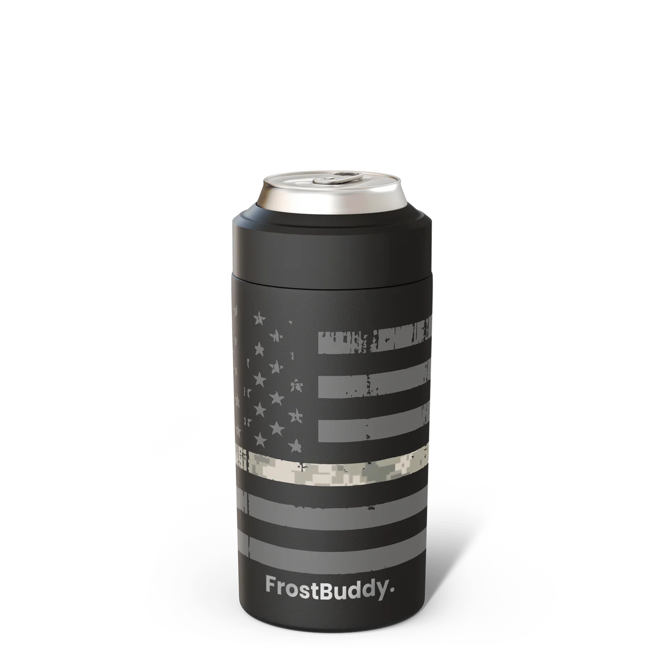 FrostBuddy Universal Can Cooler — military Armed Forces edition, custom engraved patriotic can cooler for service members.