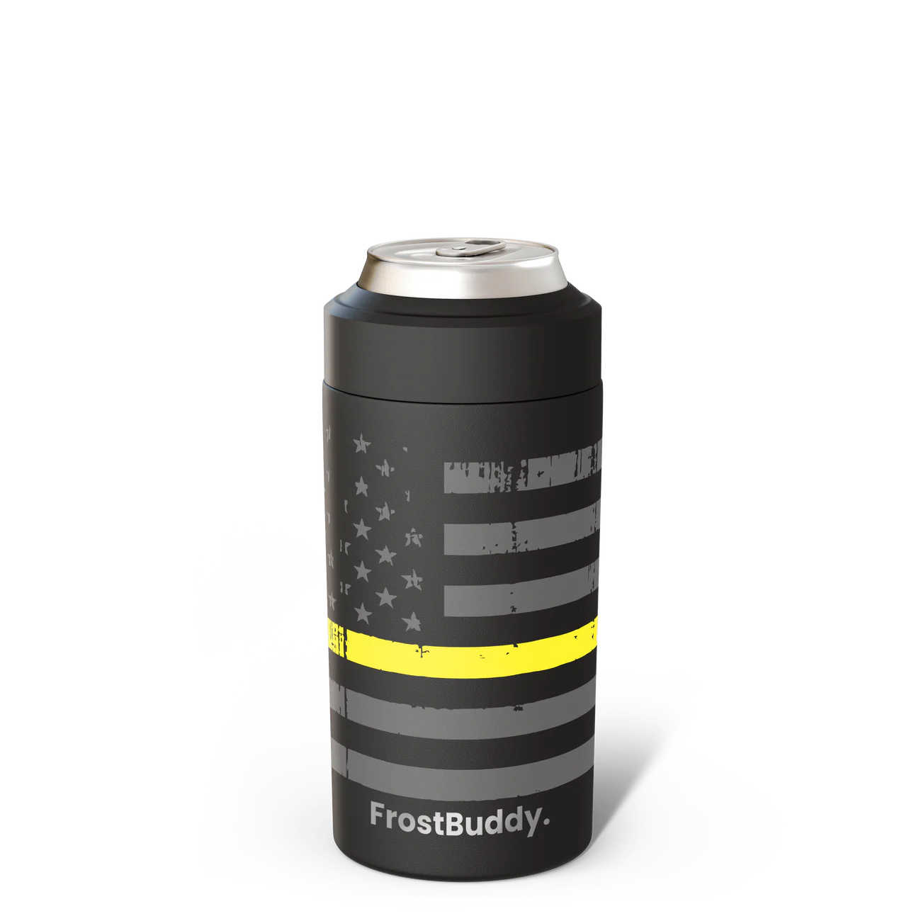 FrostBuddy Universal Can Cooler — First Responder Dispatch design with thin gold line, custom engraved can holder.