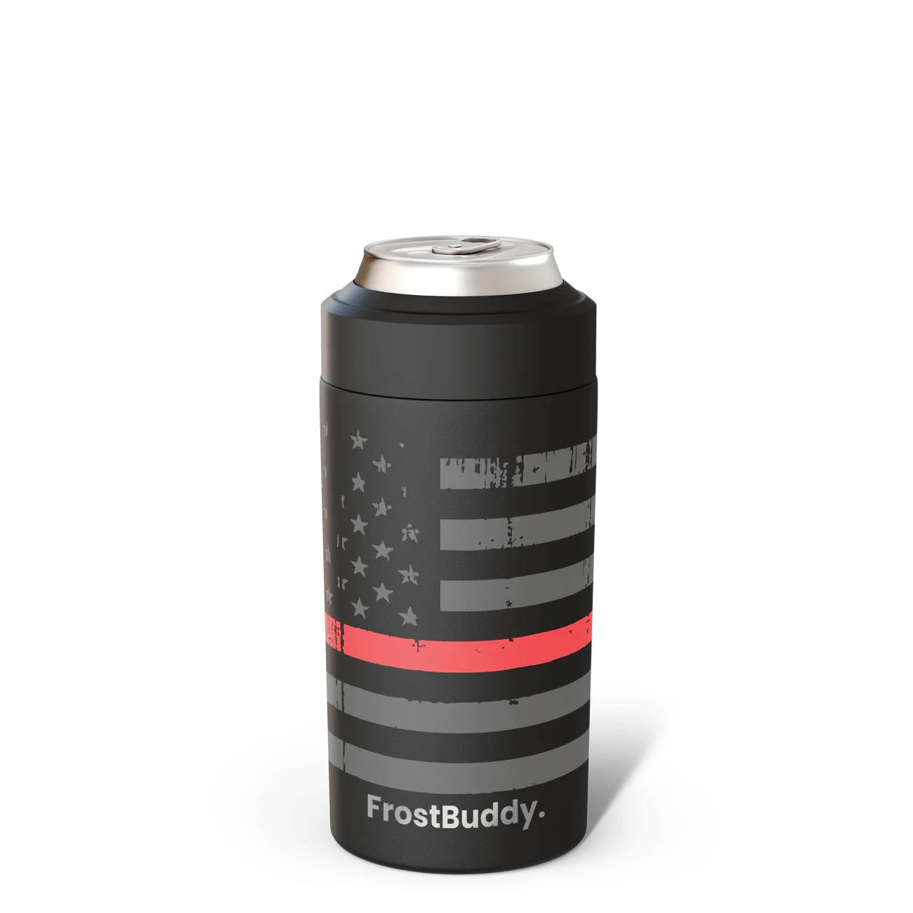 Custom engraved FrostBuddy Universal Can Cooler for first responders with Thin Red Line design.