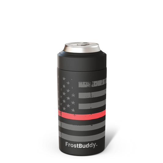 Custom engraved FrostBuddy Universal Can Cooler for first responders with Thin Red Line design.