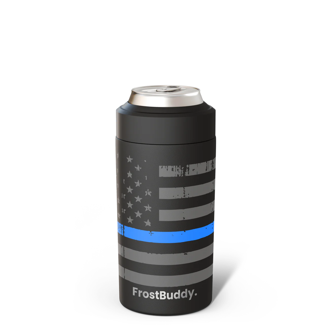 FrostBuddy Universal Can Cooler — First Responder police design with thin blue line flag, custom engraved drink holder. First Responder FrostBuddy Universal Can Cooler. Custom engraved FrostBuddy with badge number.
