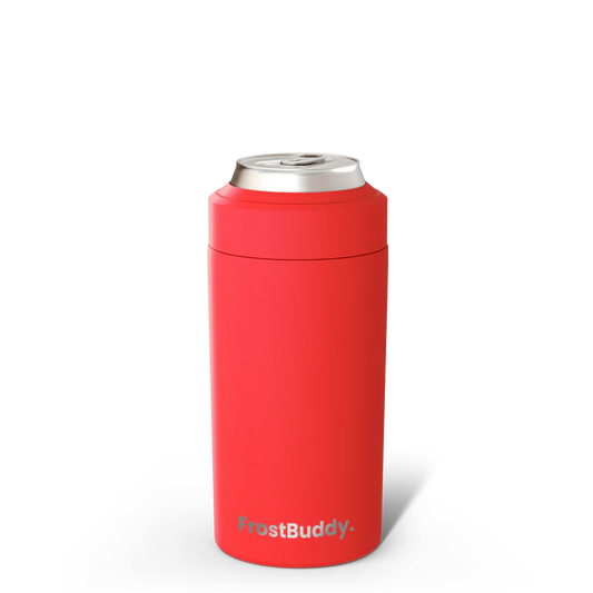 Red FrostBuddy Universal Can Cooler — premium stainless steel can holder for all drink sizes