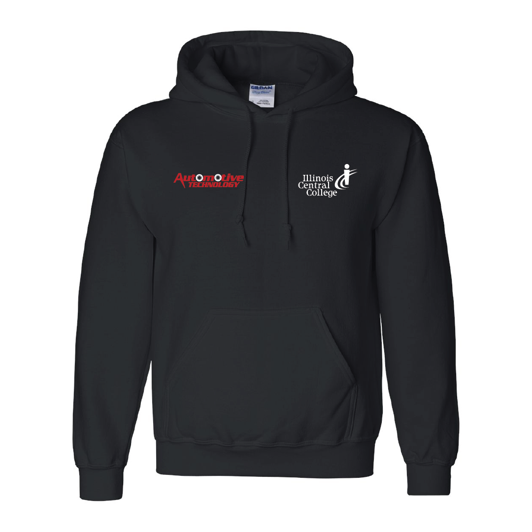 Black Gildan DryBlend ICC Automotive Technology hoodie with ICC and Automotive Technology logos screen printed on the chest.