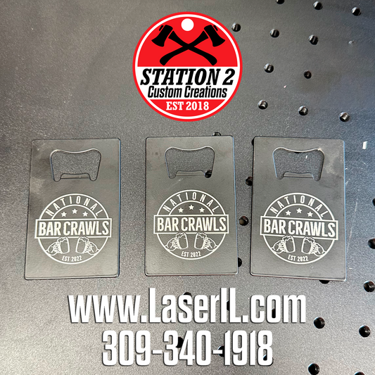 Custom Laser Engraved Metal Bottle Opener – Card Shape or 7" Pub Style | Black or Stainless