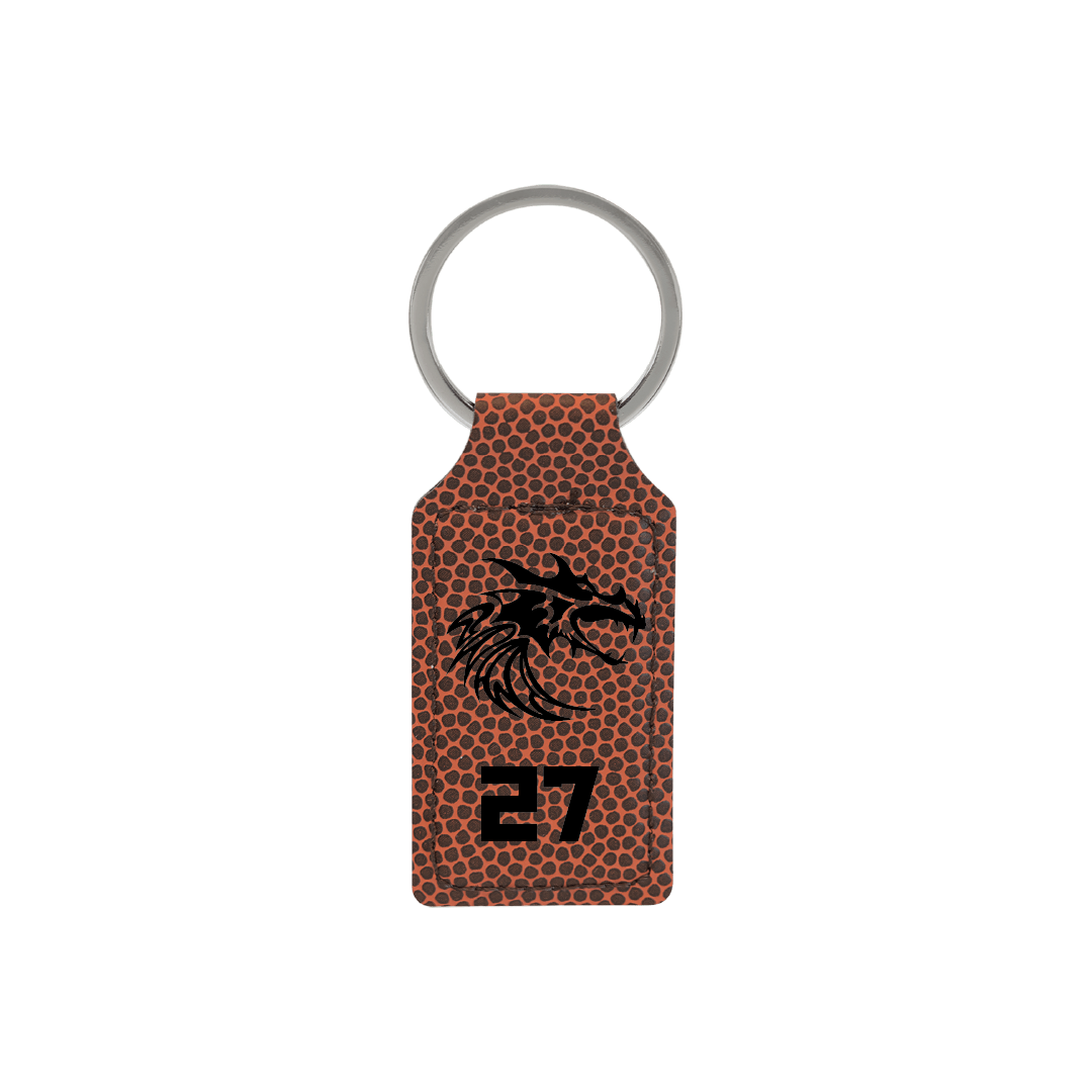 Laser engraved JFL football keychain with player number and Dragon logo on brown leatherette rectangle