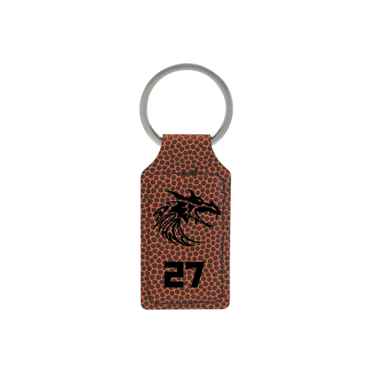 Laser engraved JFL football keychain with player number and Dragon logo on brown leatherette rectangle