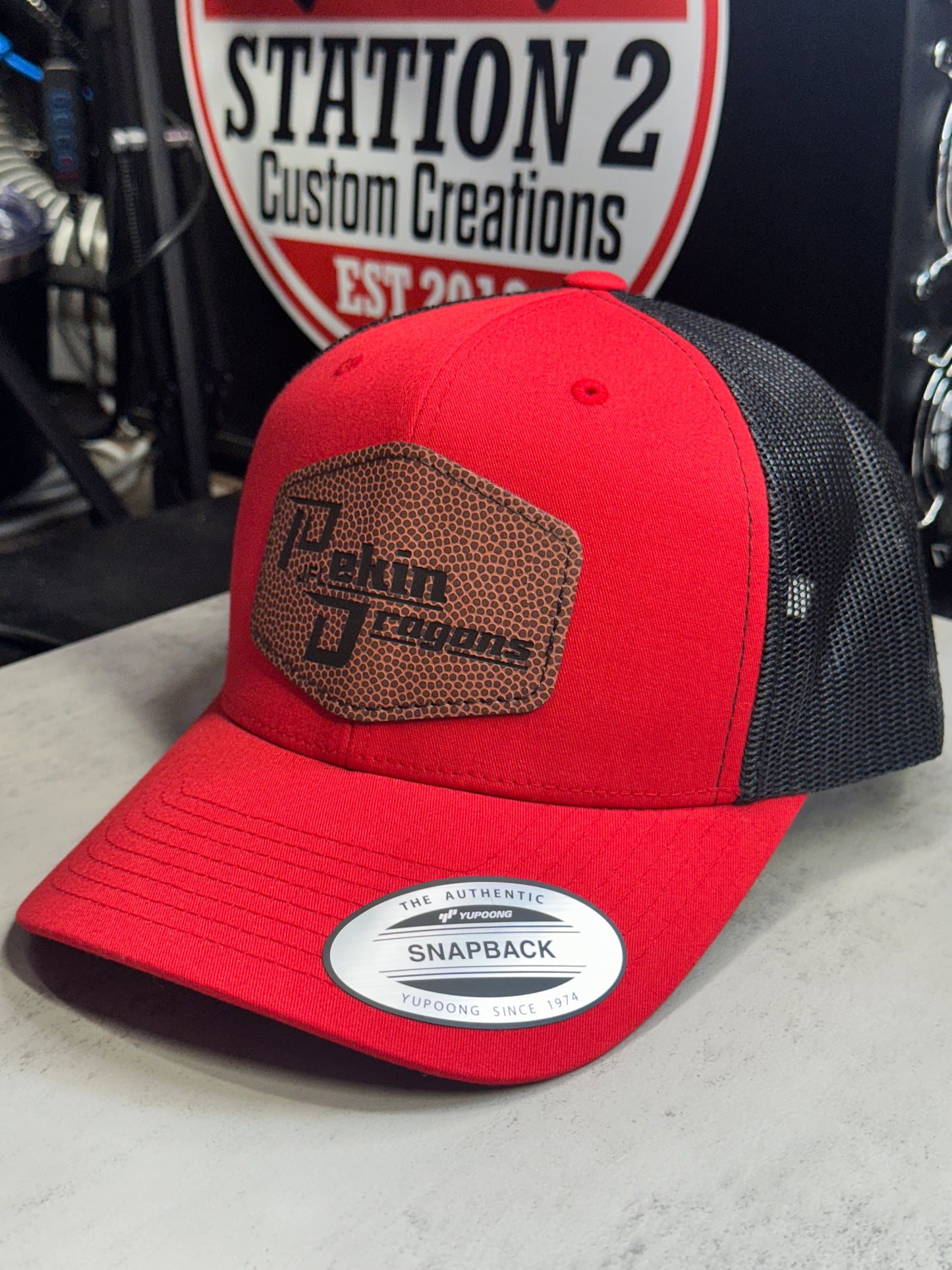 Red and black JFL patch hat with engraved football leatherette patch – Pekin Dragons logo