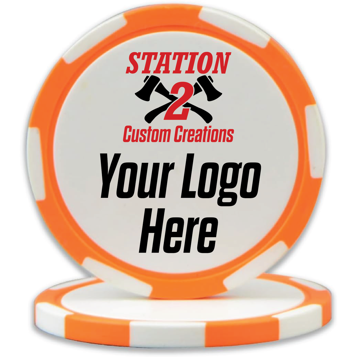 Orange custom UV printed poker chip with a full-color logo