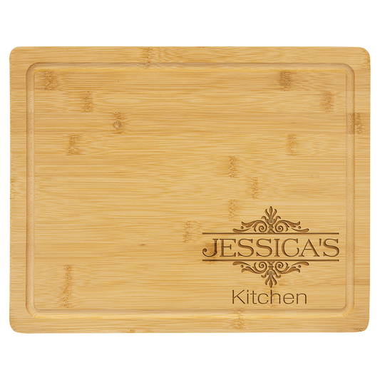 Bamboo cutting board laser engraved with a Jessica's Kitchen monogram