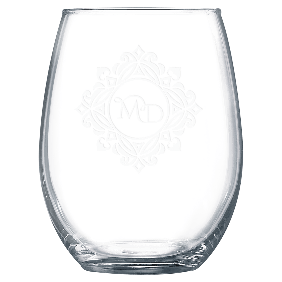 Engraved 15oz stemless wine glass with a monogram