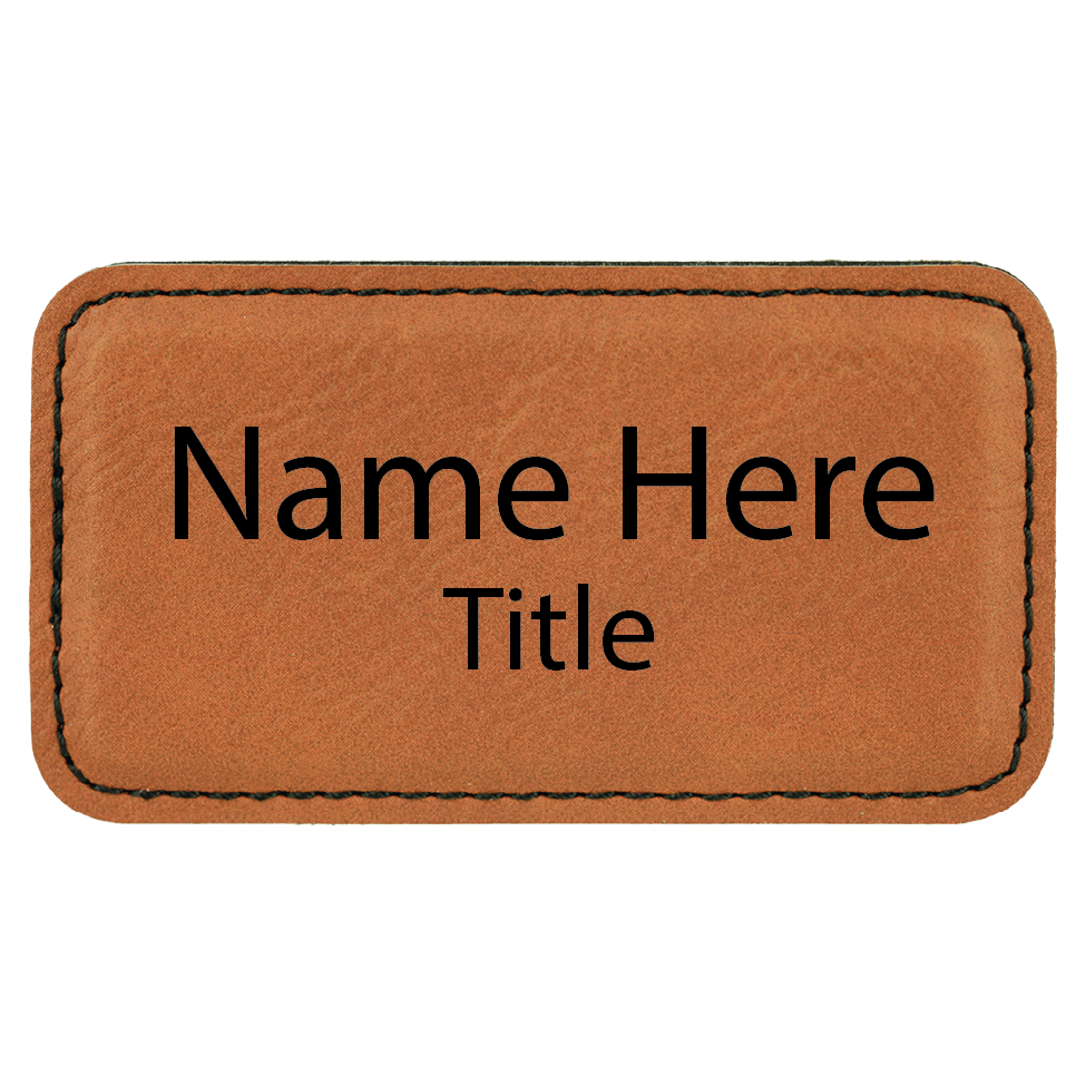Rawhide leatherette name tag, 3.25 x 1.75 inch, laser engraved with name and title