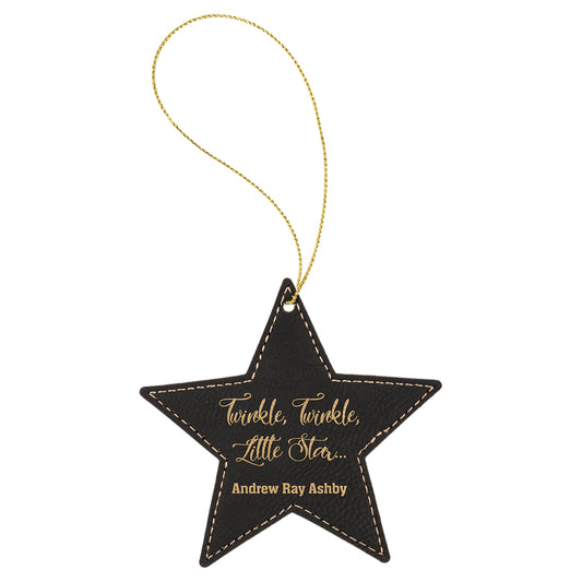 Black and gold star leatherette ornament engraved with holiday text