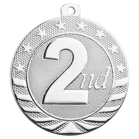 2 inch silver Starbrite 2nd place medal, engravable back, with neck ribbon