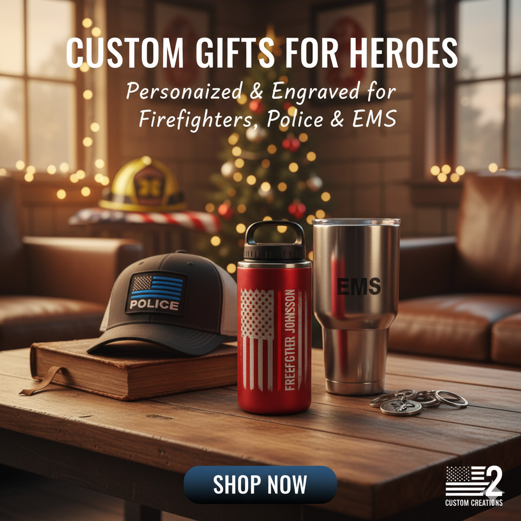 Custom First Responder Gifts collection hero image with personalized firefighter water bottle, police hat, and EMS tumbler. Holiday themed.