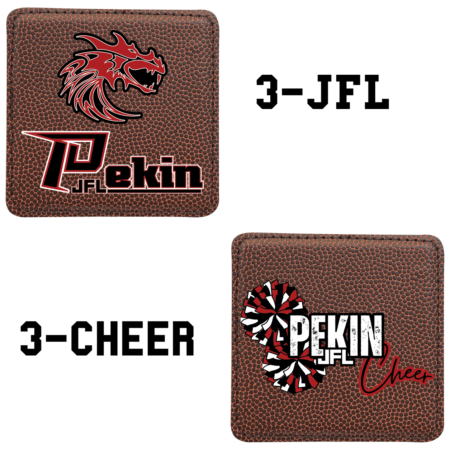Pekin JFL Football Leatherette Coaster Set — 6-Pack with Holder | JFL, Cheer, or Combo