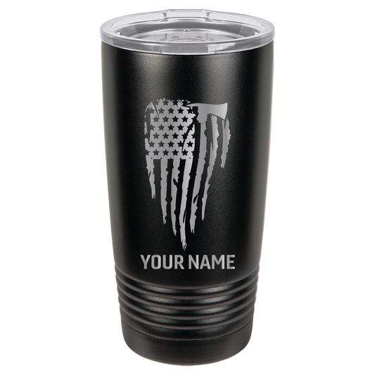 Custom Engraved Firefighter Tumbler – Distressed Flag with Axe