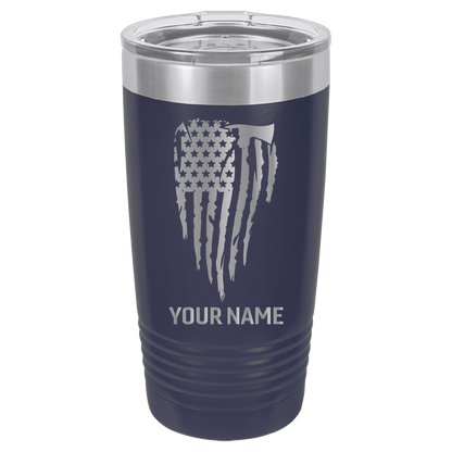 Custom Engraved Firefighter Tumbler – Distressed Flag with Axe