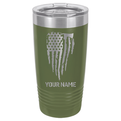 Custom Engraved Firefighter Tumbler – Distressed Flag with Axe