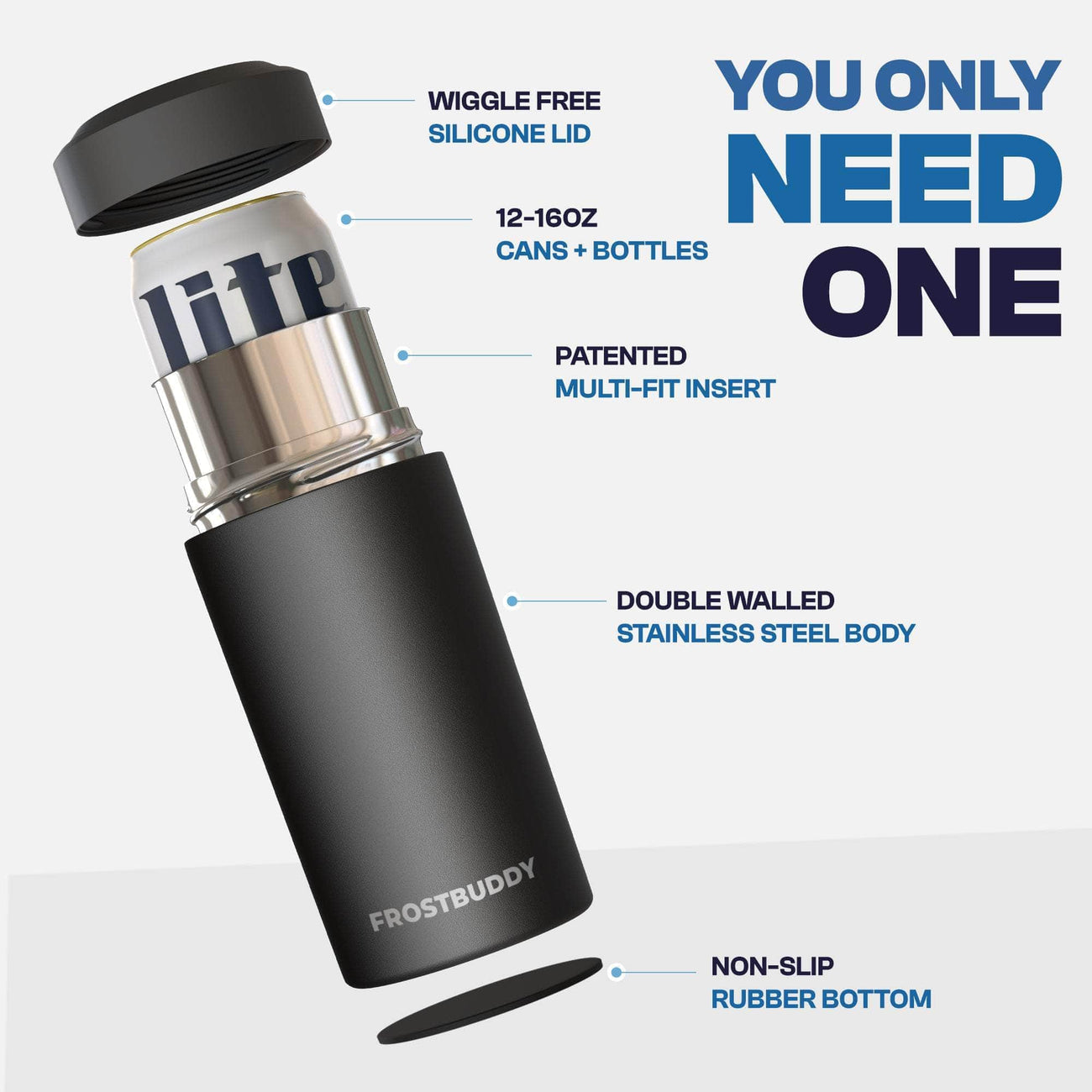 A black FrostBuddy Universal Can Cooler with a wiggle-free silicone lid, patented multi-fit insert, double-walled stainless steel body, and non-slip rubber bottom.
