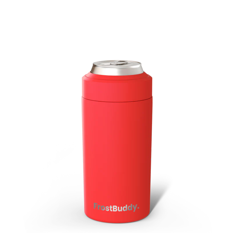 Red FrostBuddy Universal Can Cooler — premium stainless steel can holder for all drink sizes
