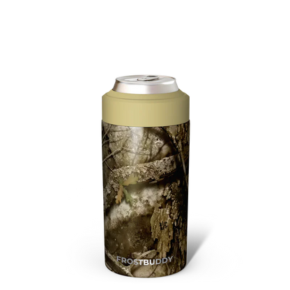 Camouflage can cooler with beige top on a white background