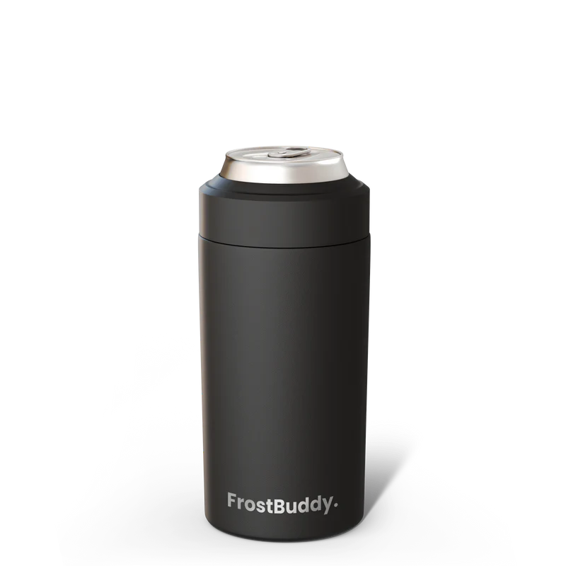 Black FrostBuddy Universal Can Cooler — premium stainless steel can holder for all drink sizes
