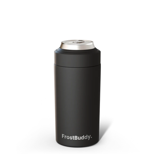 Black FrostBuddy Universal Can Cooler — premium stainless steel can holder for all drink sizes