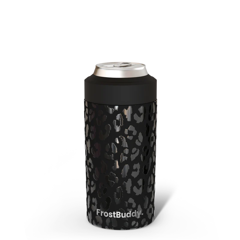 Black can cooler with leopard print pattern and 'FrostBuddy' branding on a white background