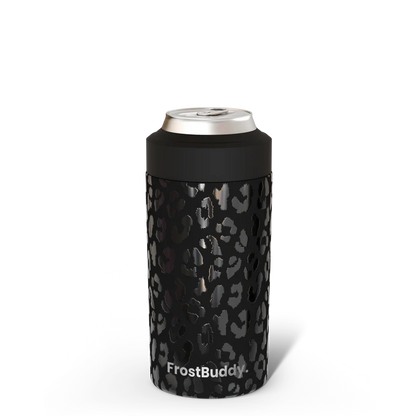 Black can cooler with leopard print pattern and 'FrostBuddy' branding on a white background
