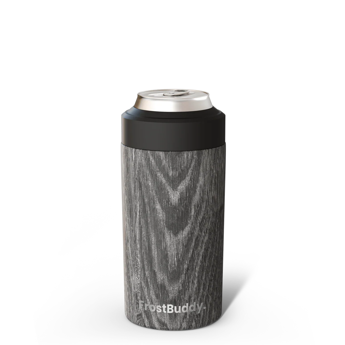 Wood-textured can cooler with silver top on a white background
