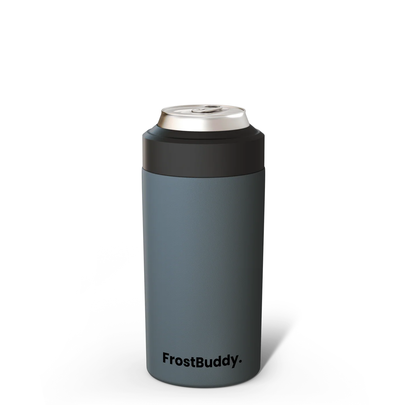 Gray can cooler with silver lid on a white background, branded 'FrostBuddy'.