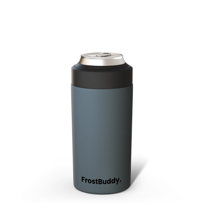 Gray can cooler with silver lid on a white background, branded 'FrostBuddy'.