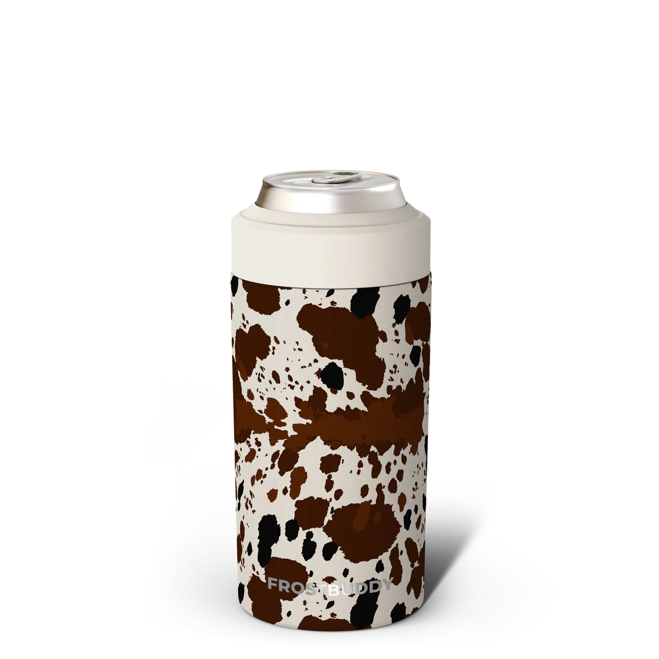 Cow Print FrostBuddy Universal Can Cooler — premium stainless steel can holder for all drink sizes