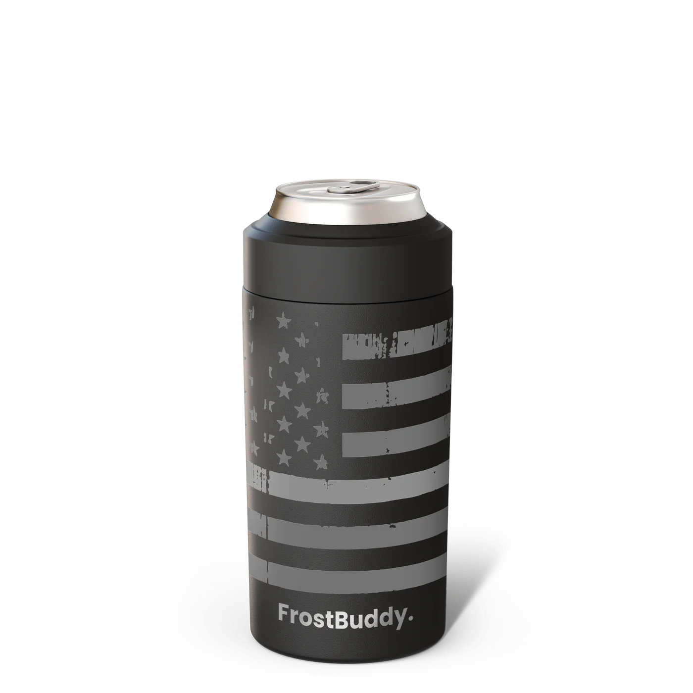 Black can cooler with American flag design and 'FrostBuddy' branding on a white background