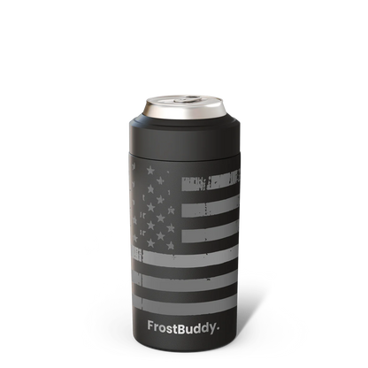Black can cooler with American flag design and 'FrostBuddy' branding on a white background