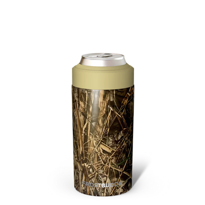 Camouflage-patterned can cooler with beige lid on a white background