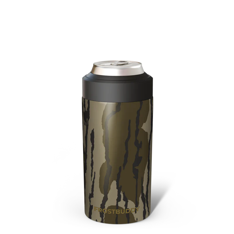 Camouflage-patterned can cooler with black lid on a white background