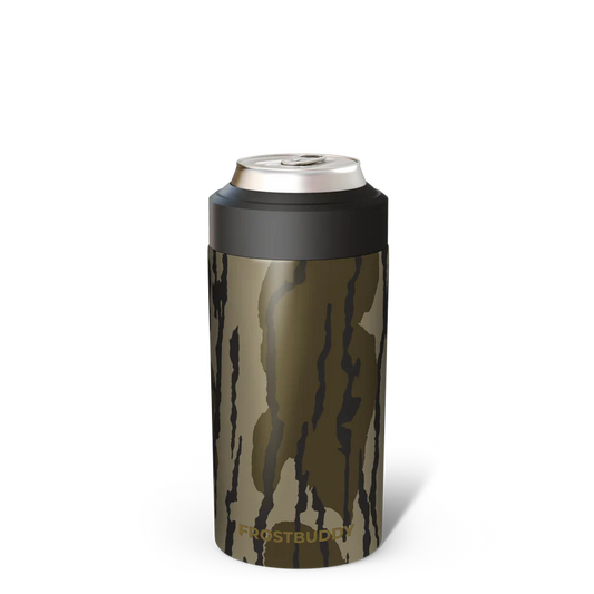 Camouflage-patterned can cooler with black lid on a white background