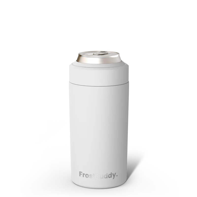 White FrostBuddy Universal Can Cooler — premium stainless steel can holder for all drink sizes