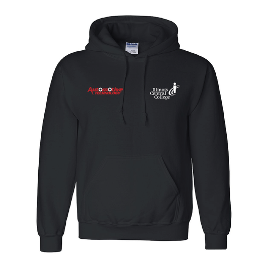 Black Gildan DryBlend ICC Automotive Technology hoodie with ICC and Automotive Technology logos screen printed on the chest.