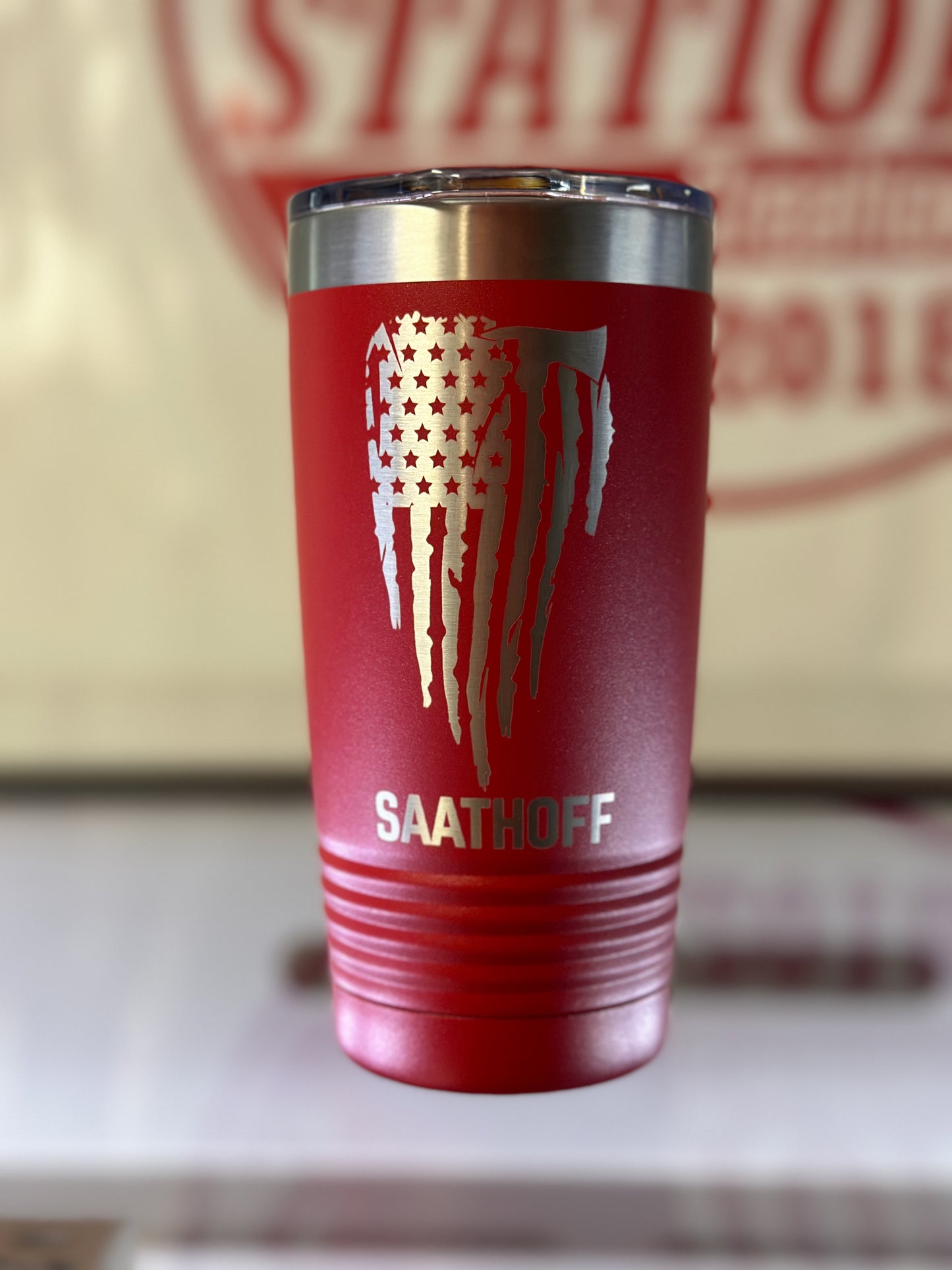 Custom Engraved Firefighter Tumbler – Distressed Flag with Axe