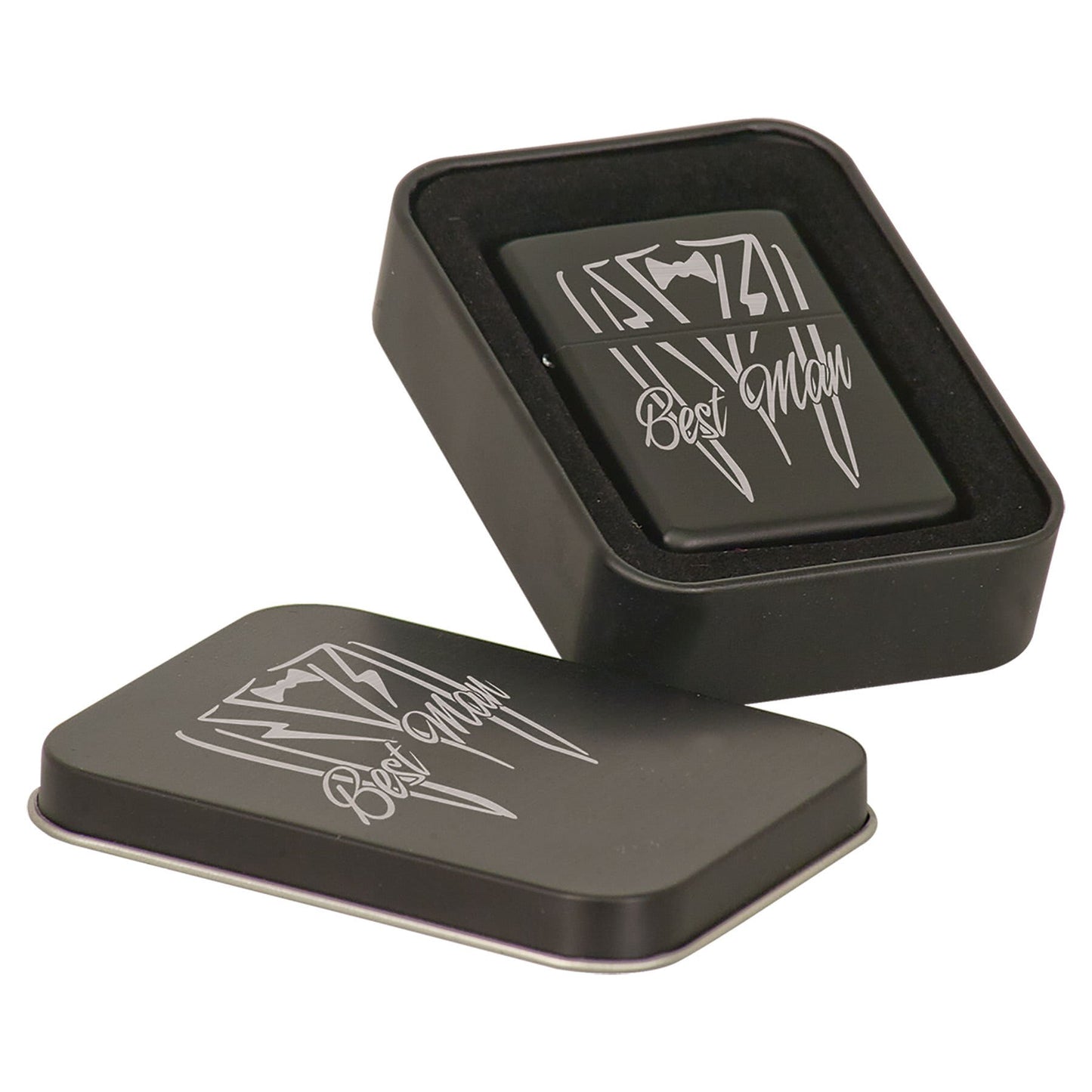 Matte Black Custom Engraved Lighter with Matching Black Tin