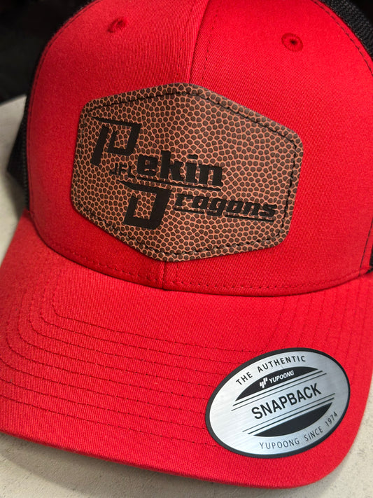 Red and black JFL patch hat with engraved football leatherette patch – Pekin Dragons logo