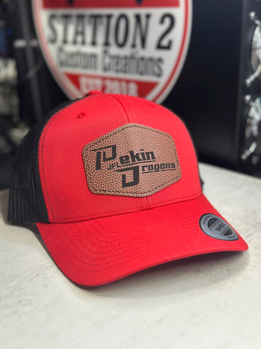 Red and black JFL patch hat with engraved football leatherette patch – Pekin Dragons logo