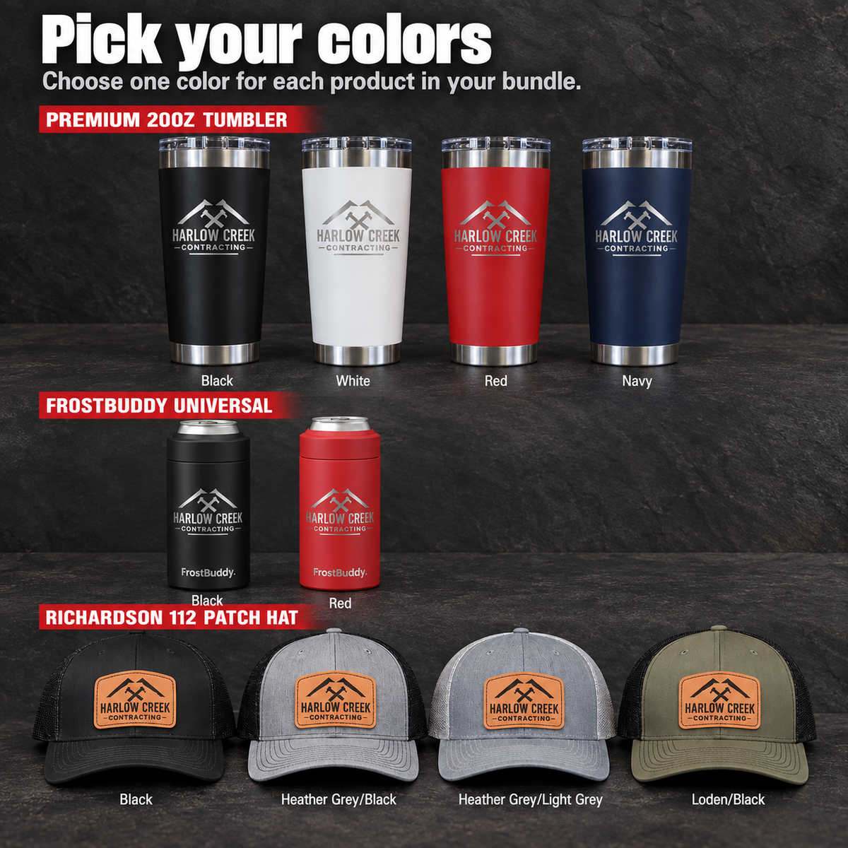 Color options: Premium 20oz tumbler in Black, White, Red or Navy; FrostBuddy Universal in Black or Red; Richardson 112 patch hat in Black, Heather Grey/Black, Heather Grey/Light Grey or Loden/Black