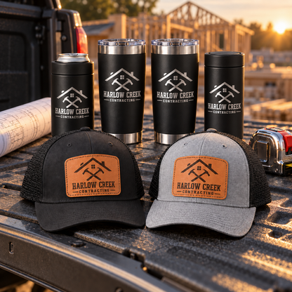 Custom logo business bundle on a work truck tailgate: engraved FrostBuddy coolers, Premium 20oz tumblers, and Richardson 112 leather patch hats