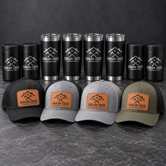 Company Holiday Gift Kit with a sample business logo engraved on FrostBuddy Universals, Premium 20oz tumblers and Richardson 112 patch hats