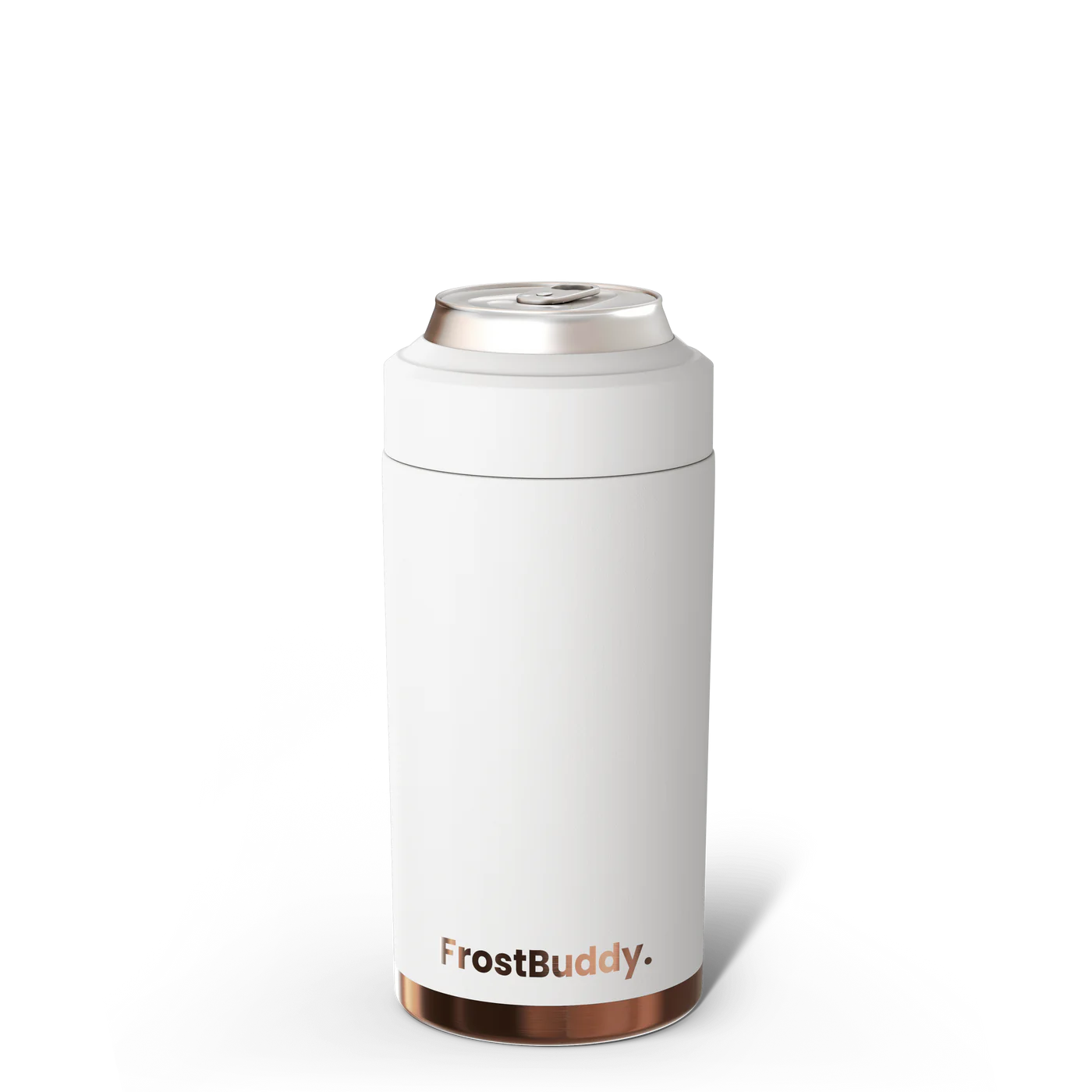 White insulated can holder with 'FrostBuddy' branding on a white background