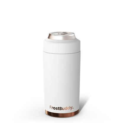 White insulated can holder with 'FrostBuddy' branding on a white background